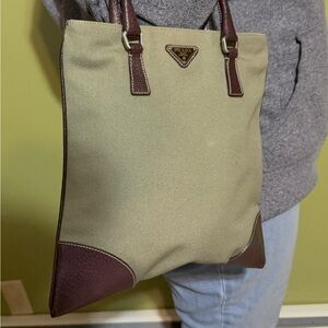 Prada Olive and Brown Canvas & Leather Tote -